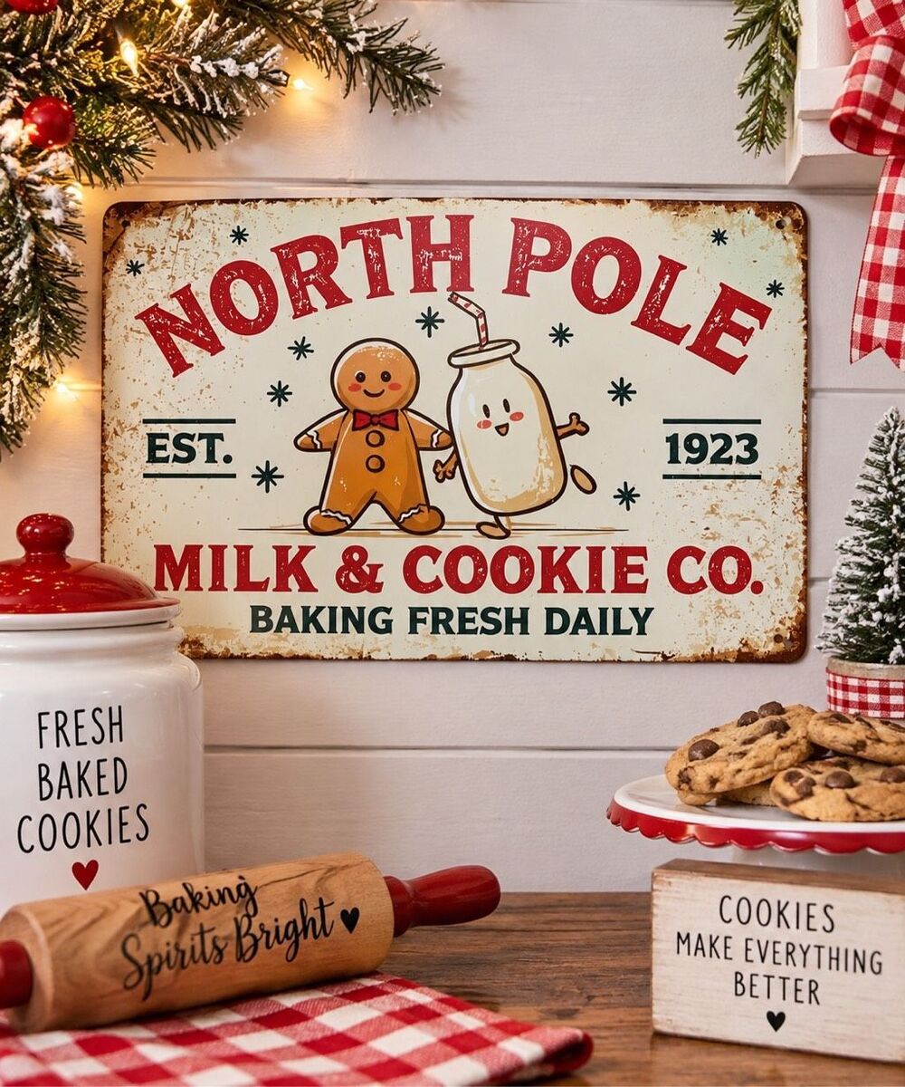 North Pole Milk & Cookie Co Christmas Metal Sign 8x12 Holiday Decor New